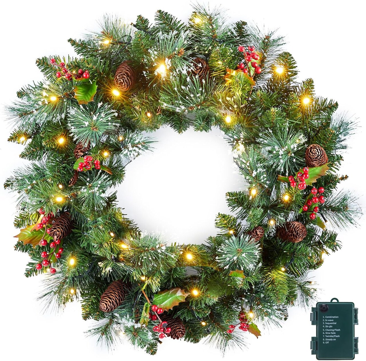 50 LED Christmas Wreaths with Pinecones (Green) 6"D x 24"W x 24"H